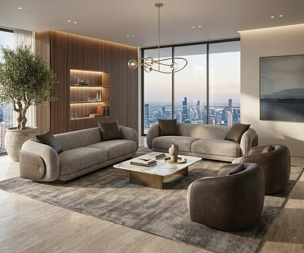 Moon grey curved sofa set in a city-view living room at dusk
