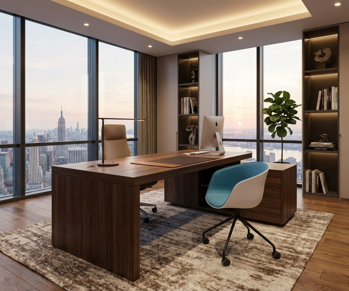 MS910 office chair at a walnut desk in a city-view executive office