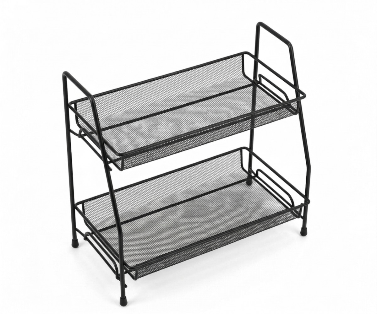 Multi purpose storage shelf, angled view of its two mesh trays