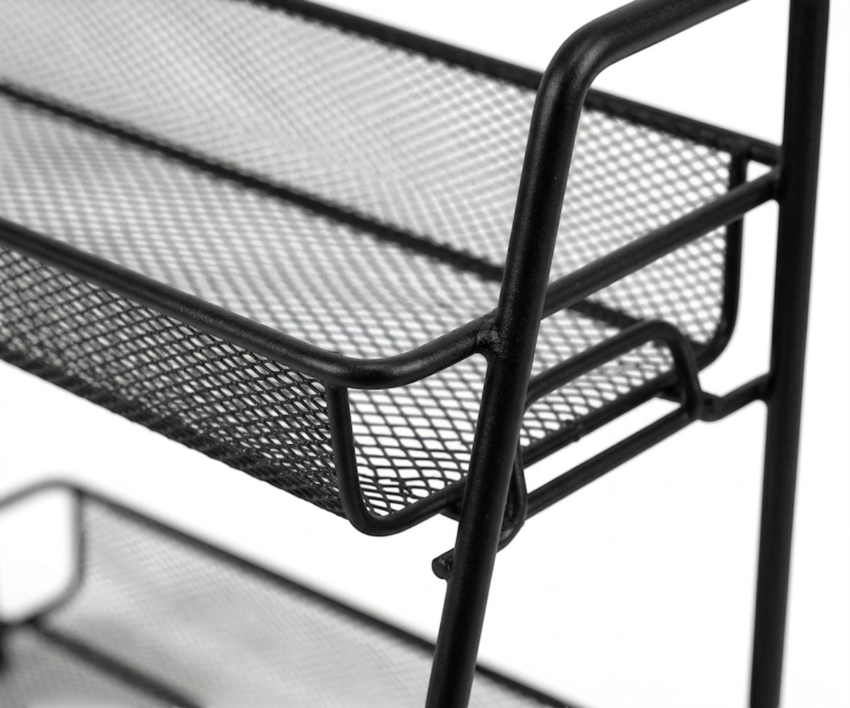 Multi purpose storage shelf, two-tier black mesh rack with a folding frame