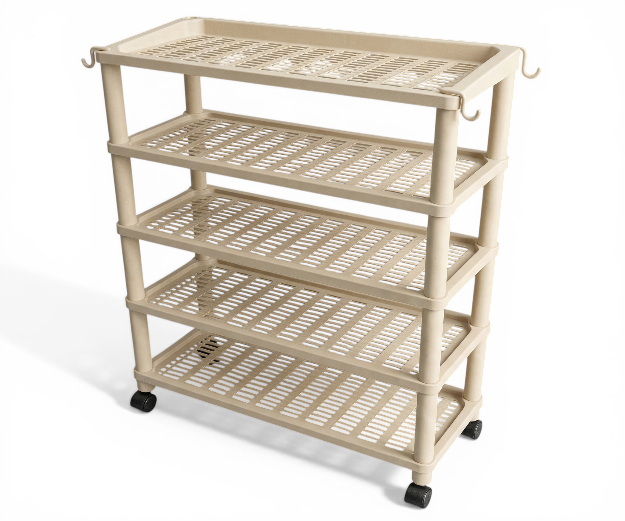Multi purpose storage shelf, angled view of its two mesh trays