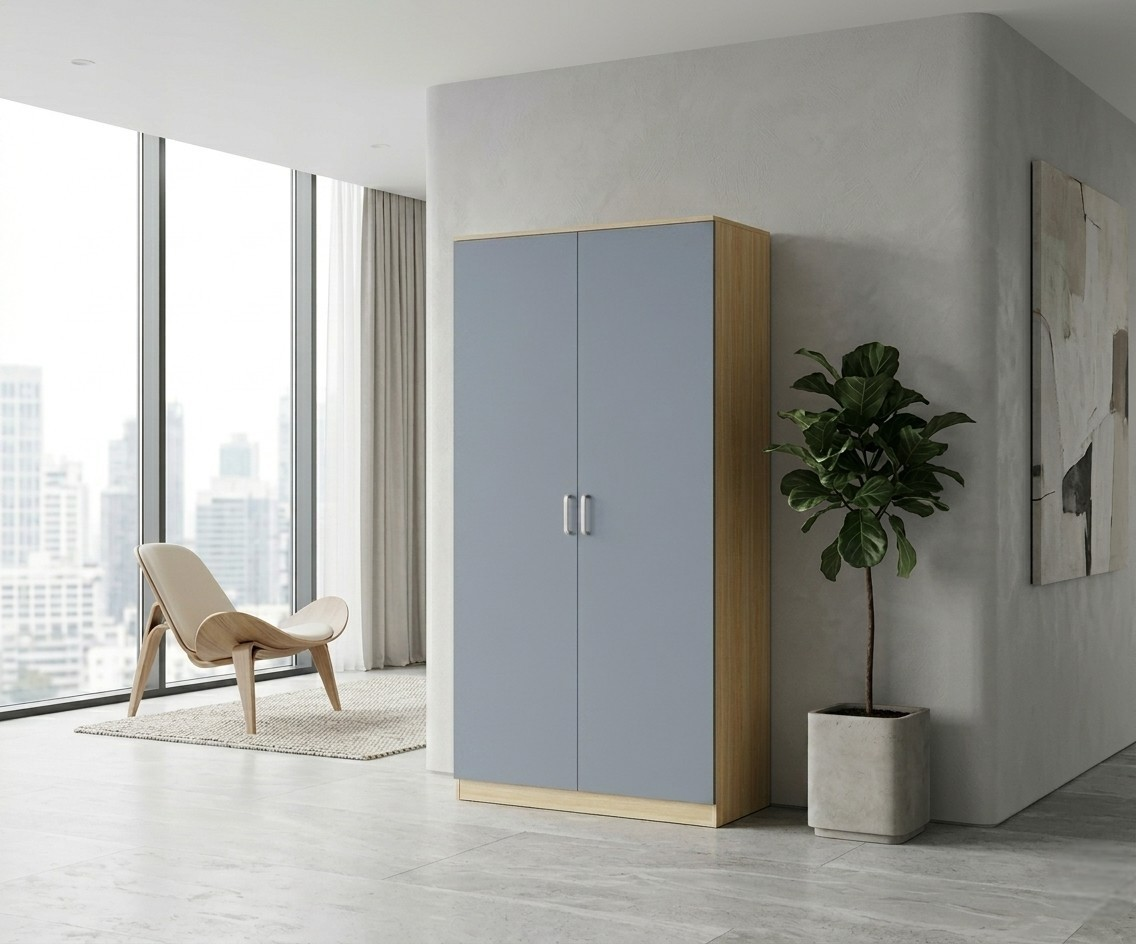 MW01-2 grey wooden wardrobe in a bright city bedroom beside a lounge chair