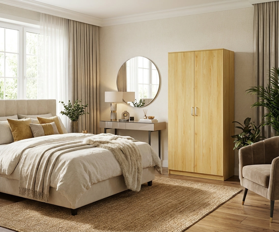 MW01-2 yellow wooden wardrobe in a cream bedroom beside a round mirror