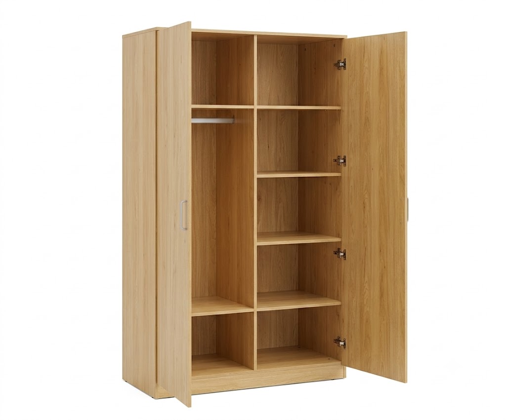 MW01-2 yellow wooden wardrobe in a cream bedroom beside a round mirror