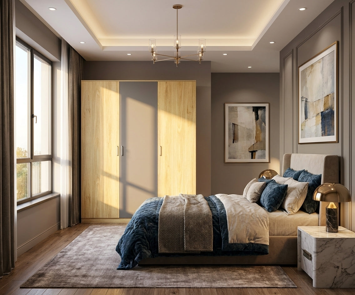 MW01-3 sturdy wooden wardrobe in a coved-ceiling bedroom with navy bedding