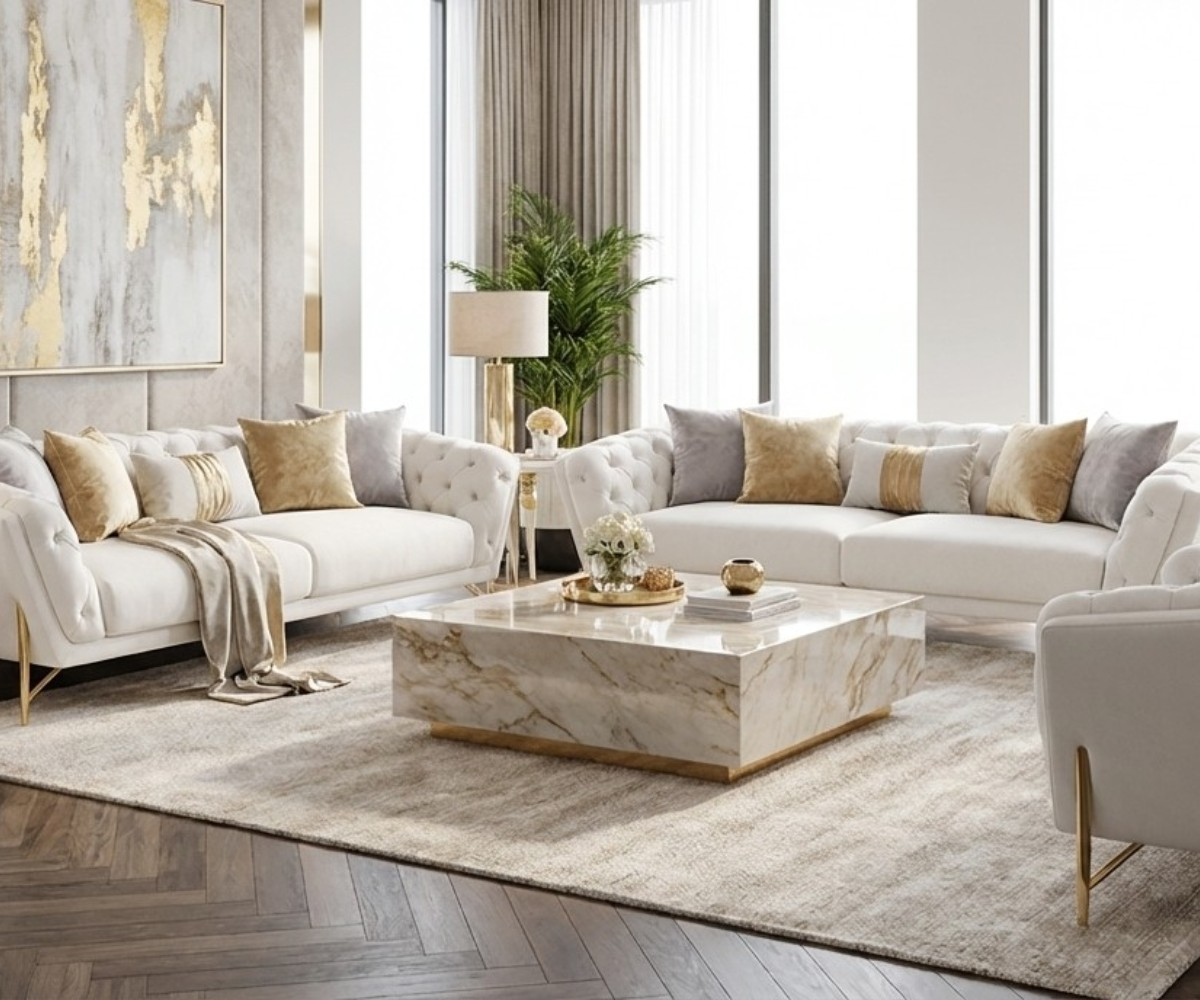 NANCY white velvet sofa set in a bright panelled living room