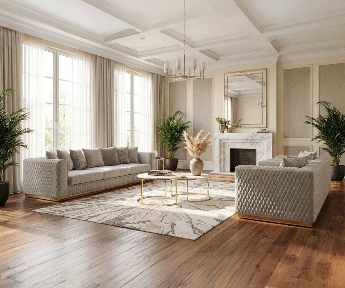 NAPOLEAN grey velvet sofa set in a bright panelled room with a fireplace