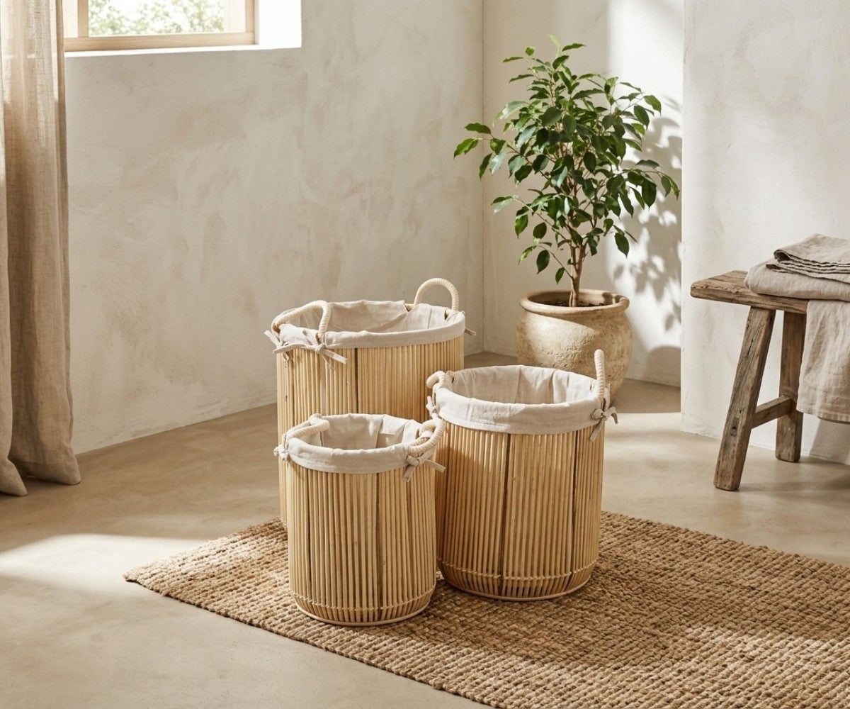 Natural three-piece round laundry basket set with cream lining and handles styled in a luxurious, well-lit modern dressing room