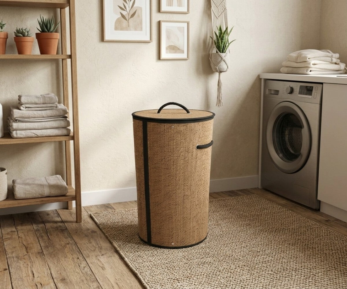 Natural tan round laundry basket with lid and rope handles styled in a luxurious, well-lit modern dressing room