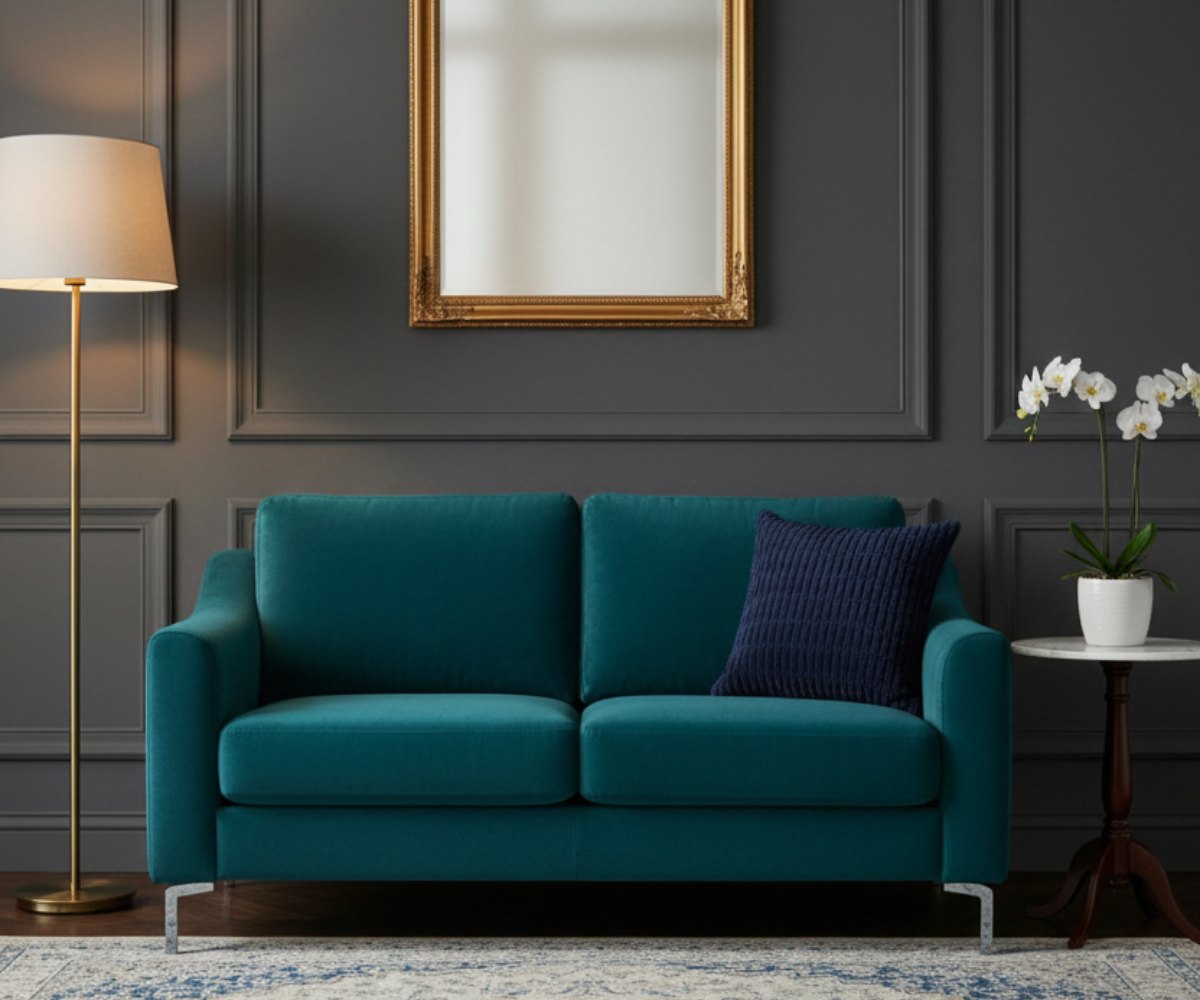Navy ribbed velvet cushion cover on a teal sofa in a grey panelled room
