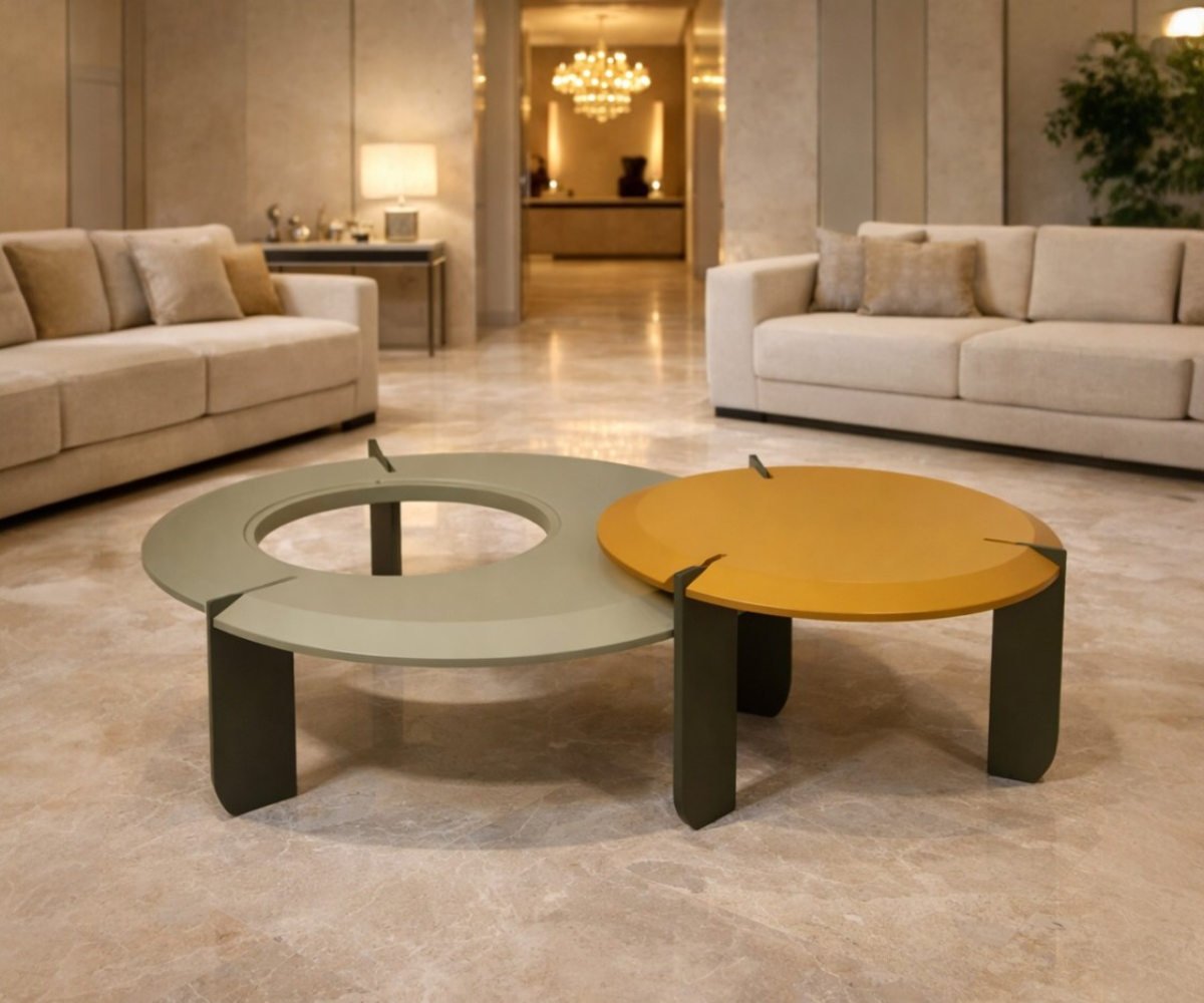 NB001 Pop-Art nesting tables in a warm-lit hotel lounge