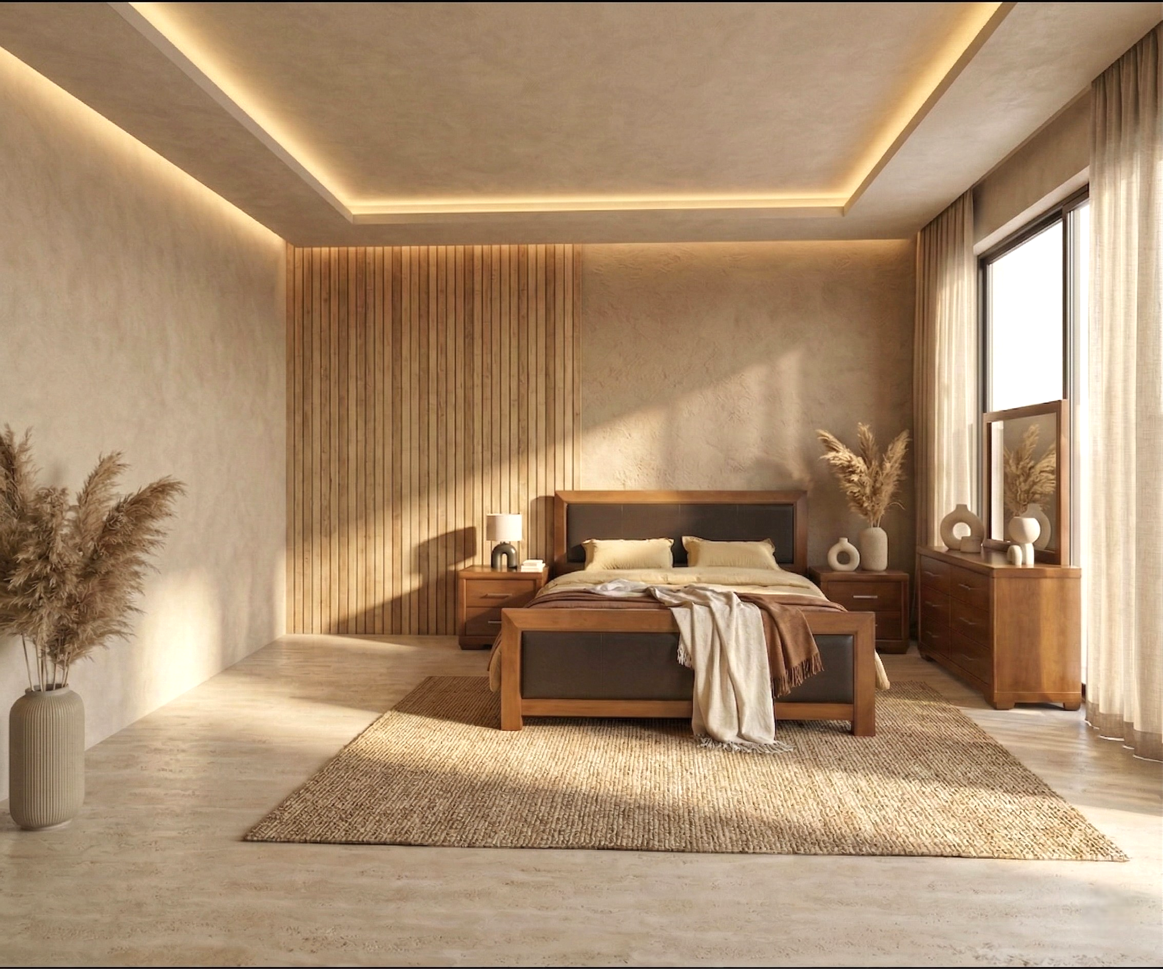 NBEM004 solid wood bedroom set staged in a warm plaster-walled room