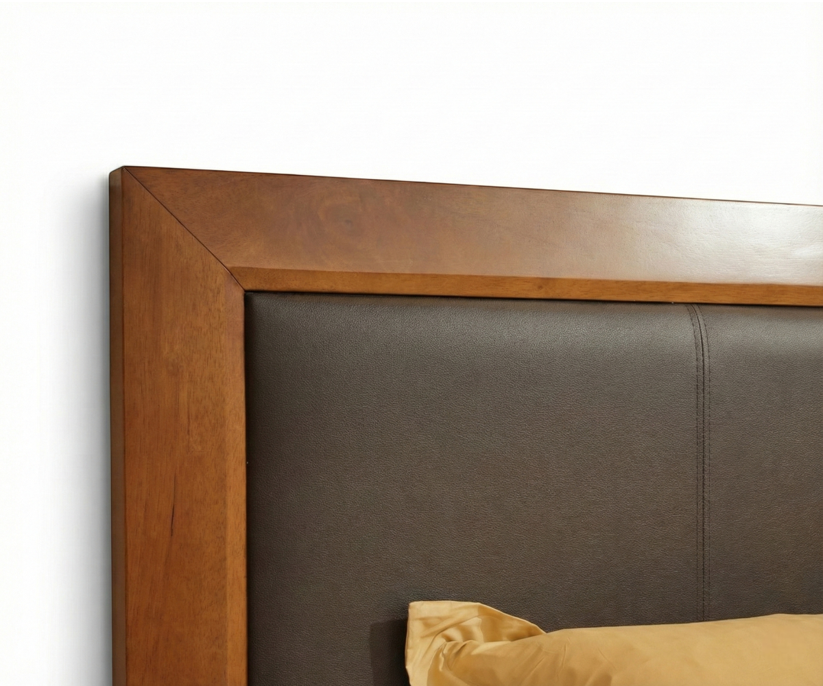 NBEM004 solid wood bedroom set staged in a warm plaster-walled room