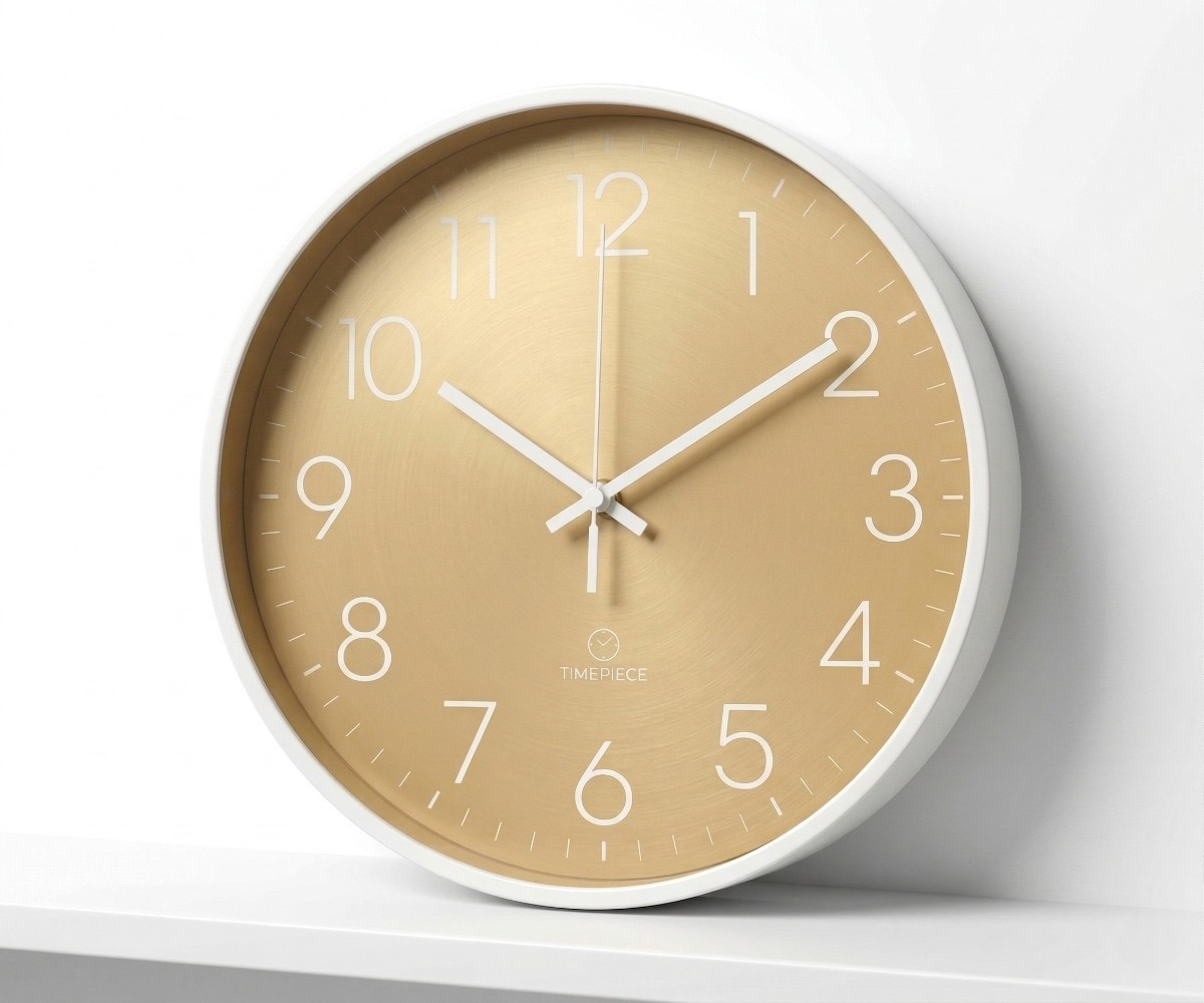 Neutral tone wall clock with a sand dial, white rim and white hands