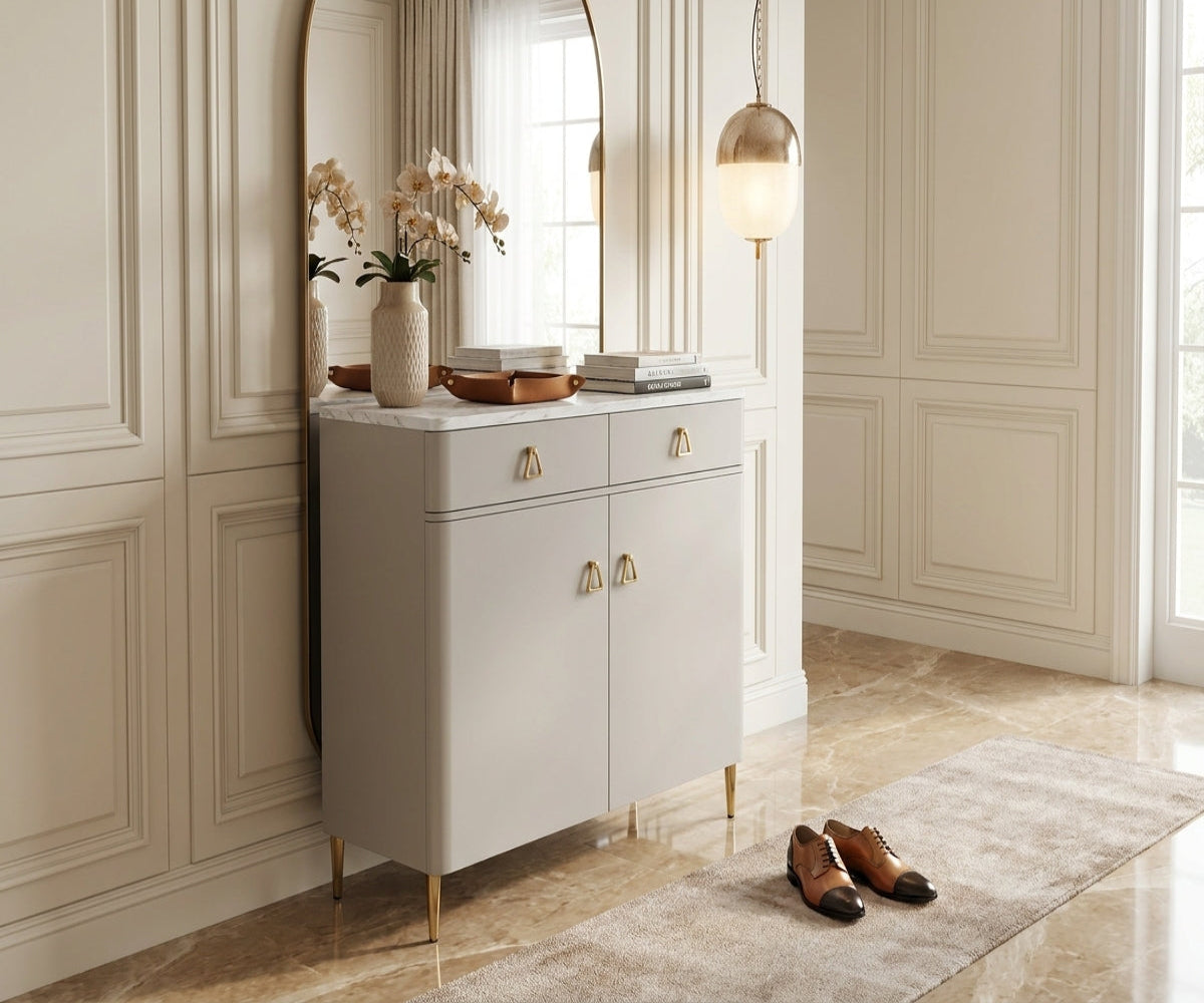 NH037 wooden shoe cabinet in a cream entryway with an arched mirror and shoes
