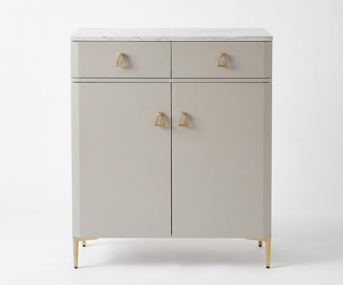 NH037 wooden shoe cabinet in a cream entryway with an arched mirror and shoes
