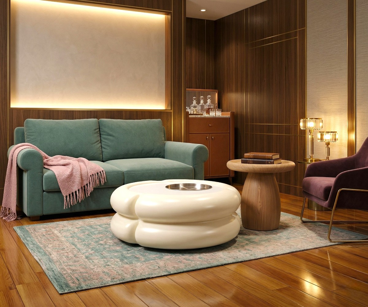 Nimbus 8812 cream bubble set in a warm-lit room with a teal sofa