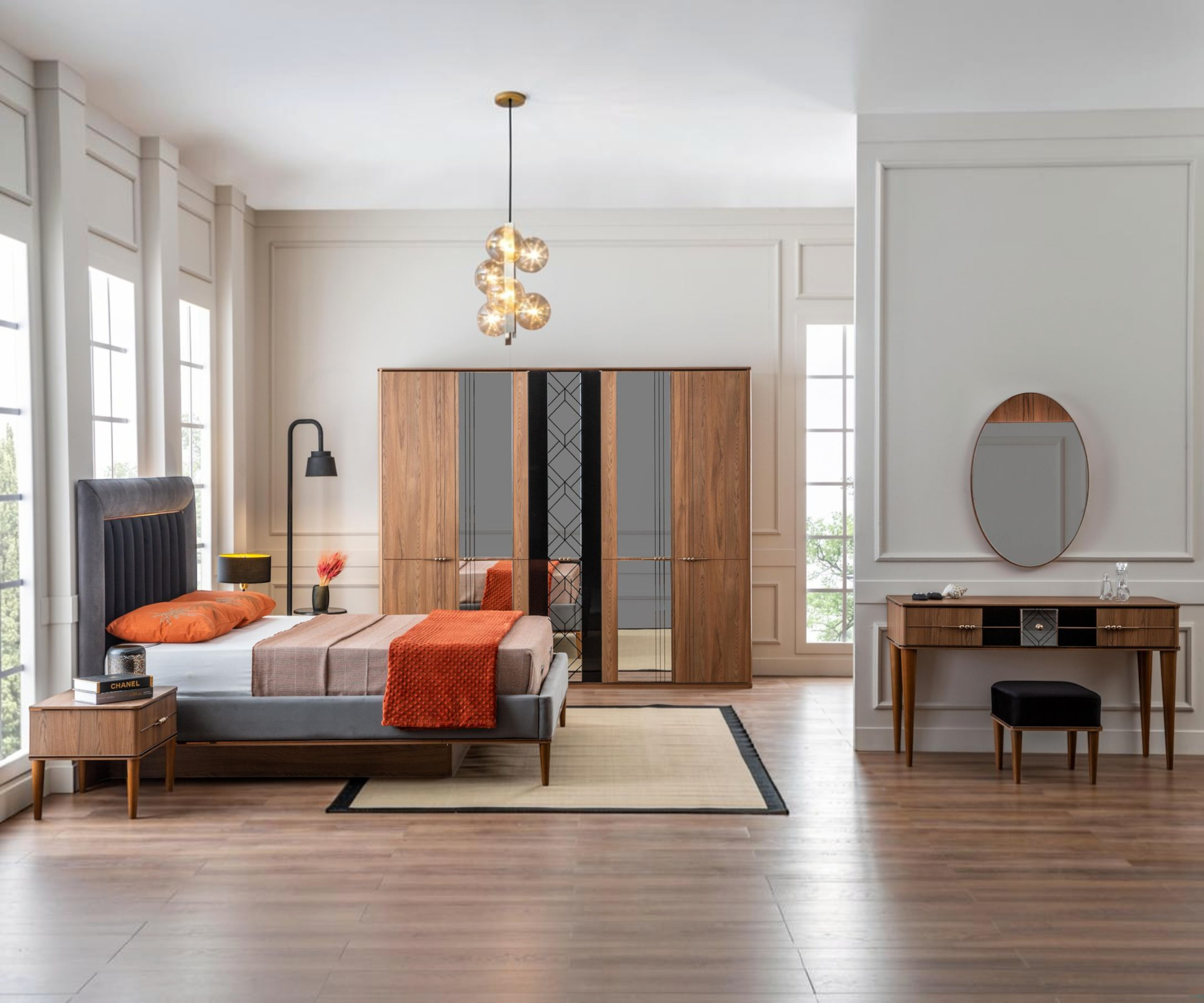 NISH-6951 premium bedroom set staged in a panelled room with orange accents