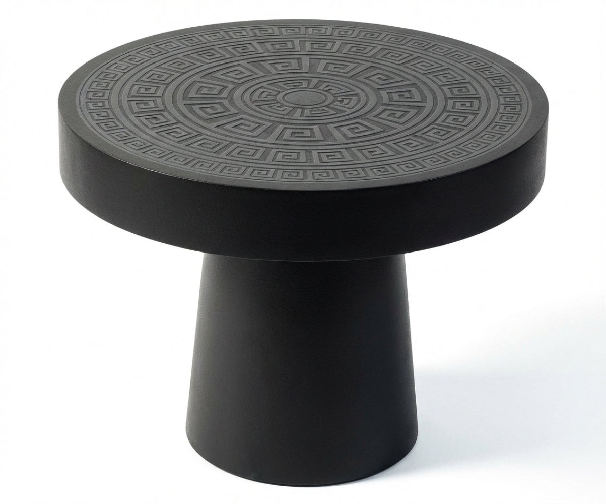 NO:405 black pedestal table in a bright room with a marble fireplace