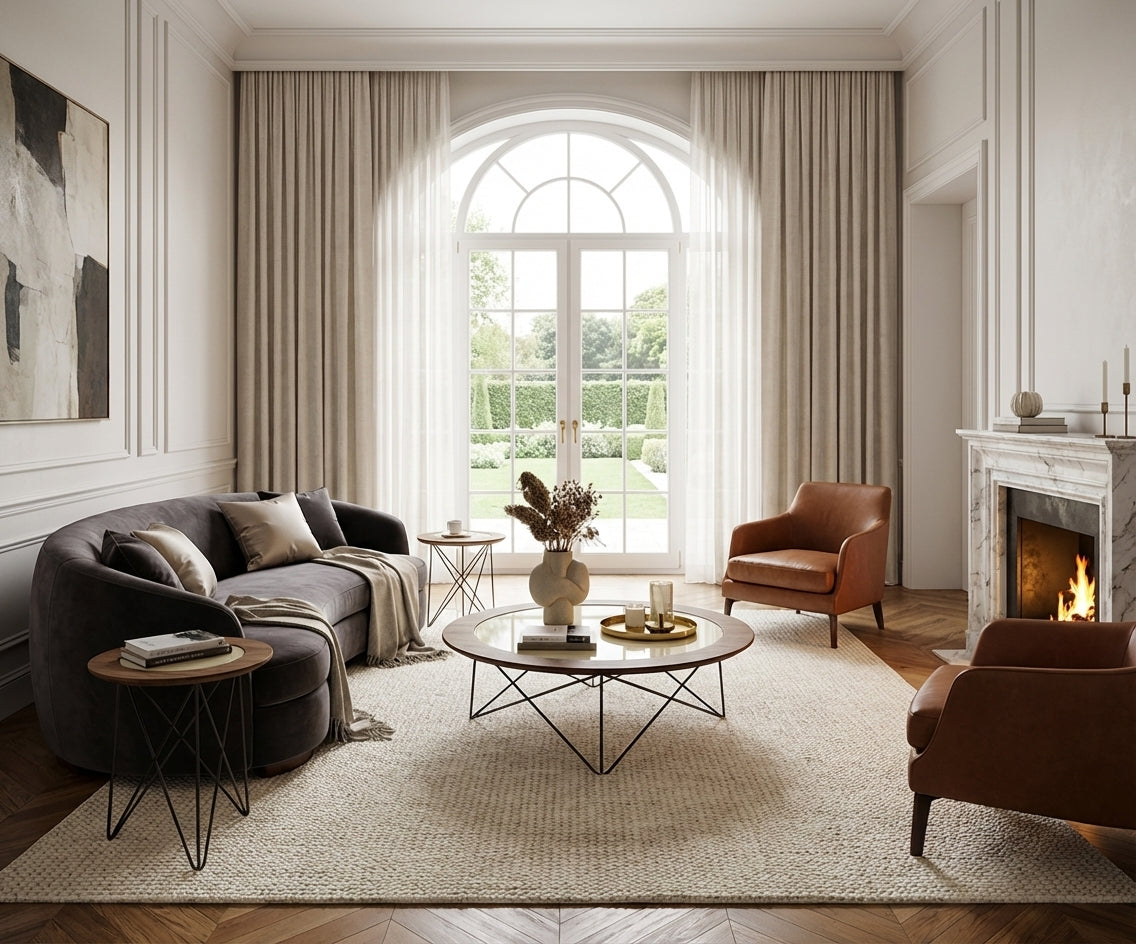 NO:406 oak nesting tables in a bright room with an arched window