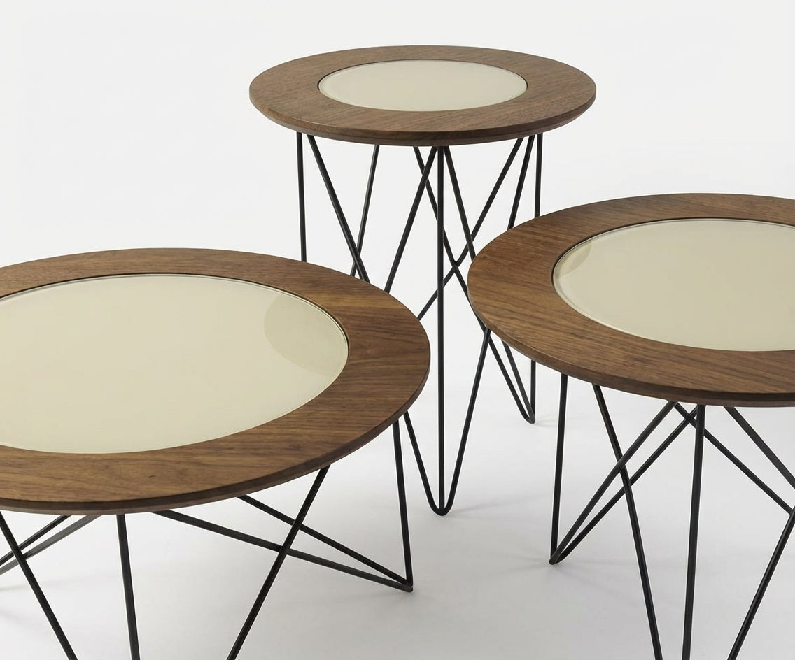 NO:406 oak nesting tables in a bright room with an arched window