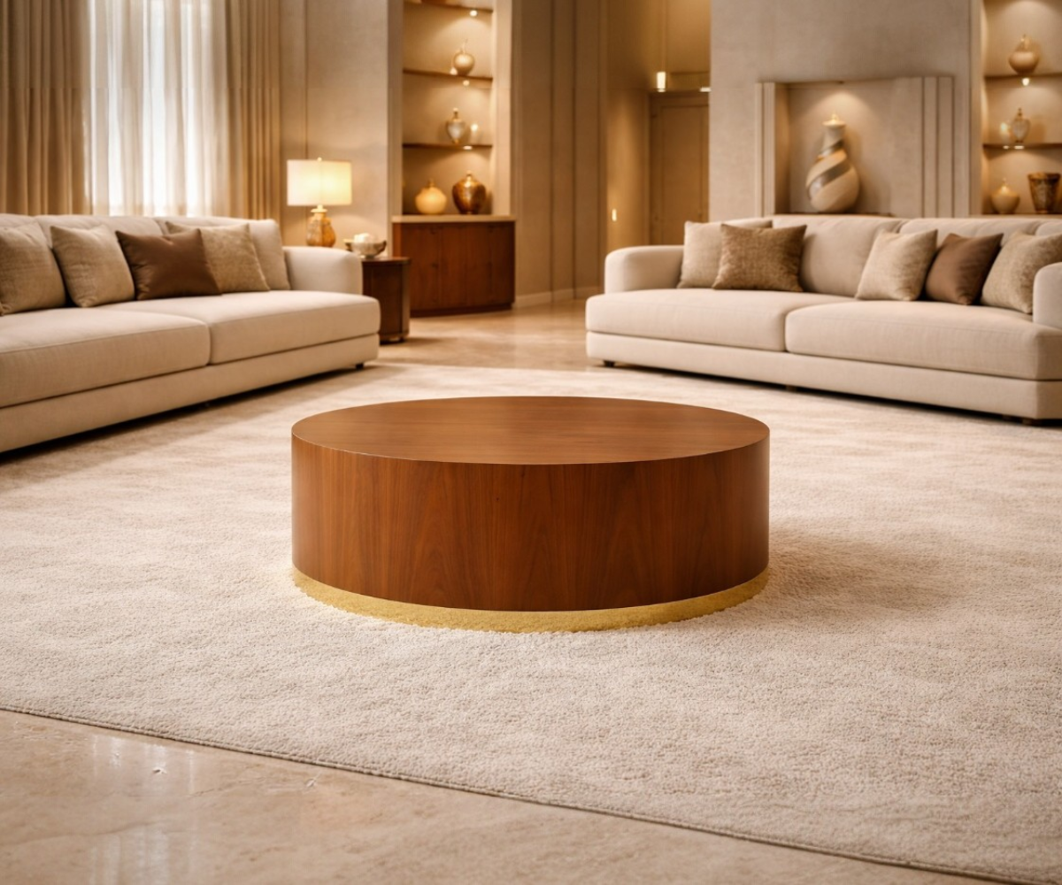 NO:415 Elysian round drum table in a warm-lit marble living room