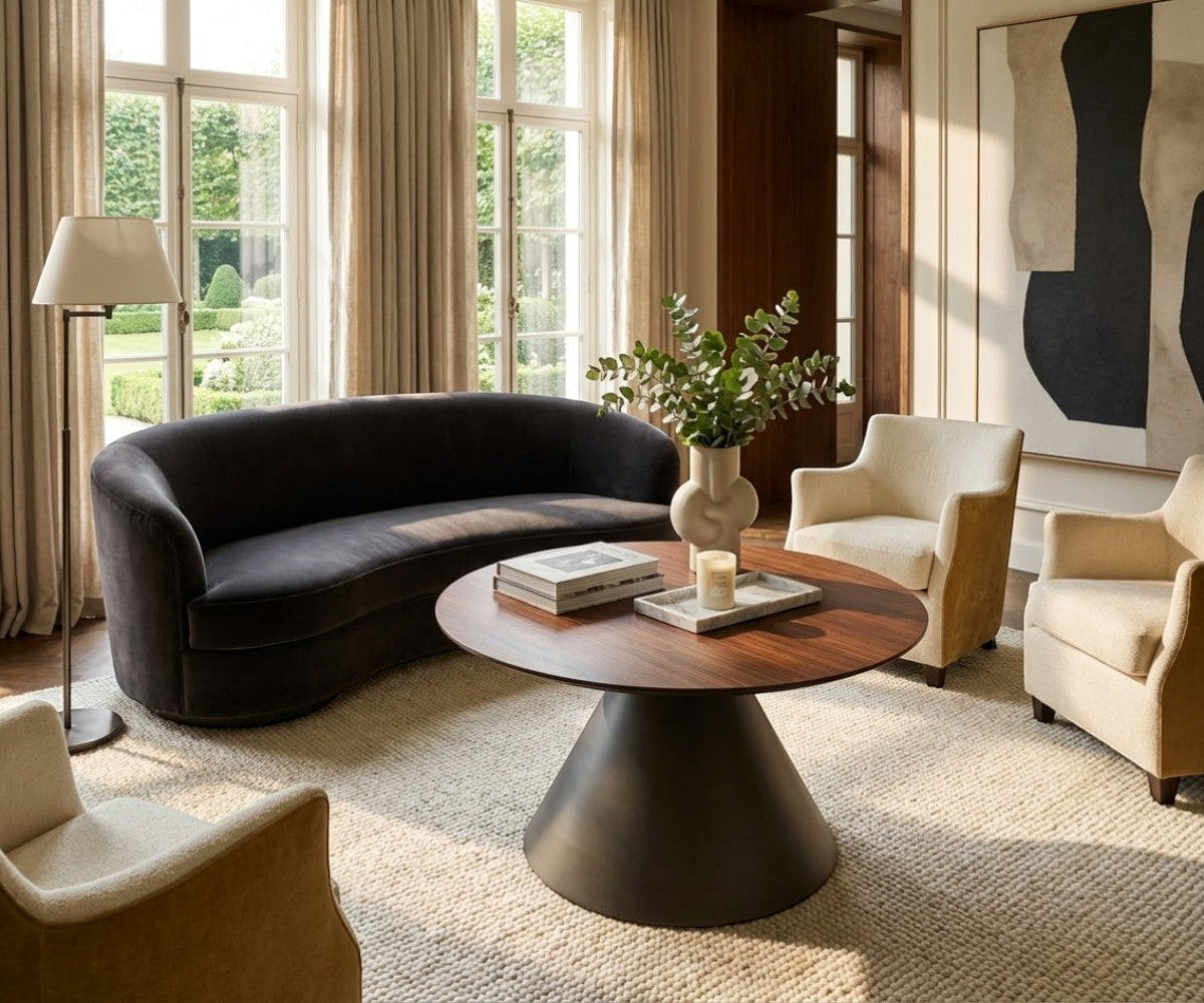 NO:419 walnut pedestal table in a bright garden-view living room