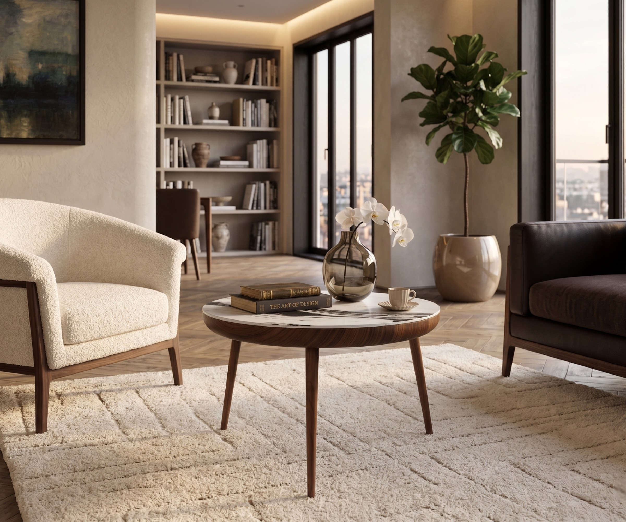 NO:423 Panda marble round table in a bright city-view living room