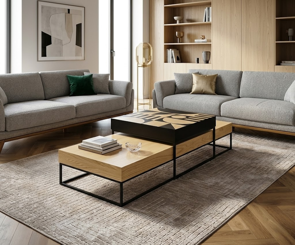NO:430 Monochrome artisan nesting tables in a bright living room