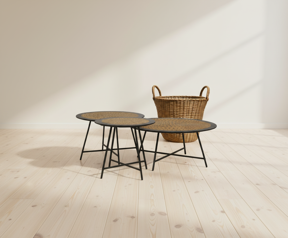 NO:498-500 rattan nesting trio in a bright room with a wicker basket