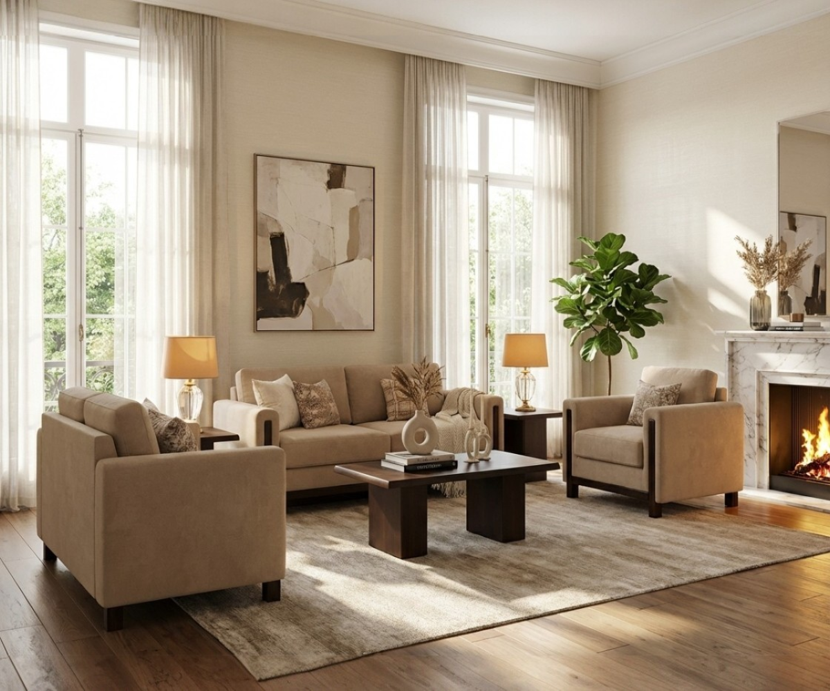 Nobu beige fabric sofa set in a bright living room with a fireplace