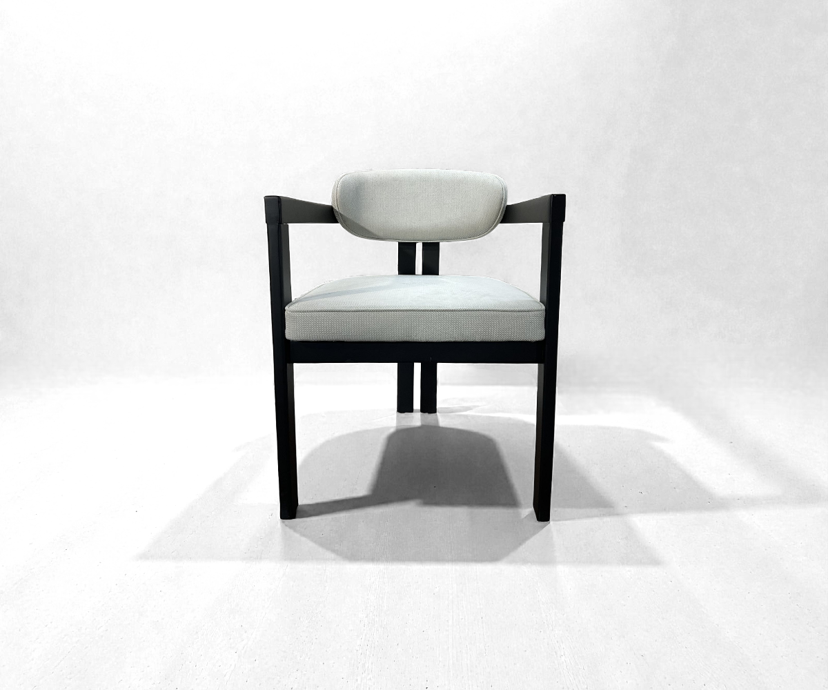 NOTTE arm chair in a warm study beside a round side table and window plants