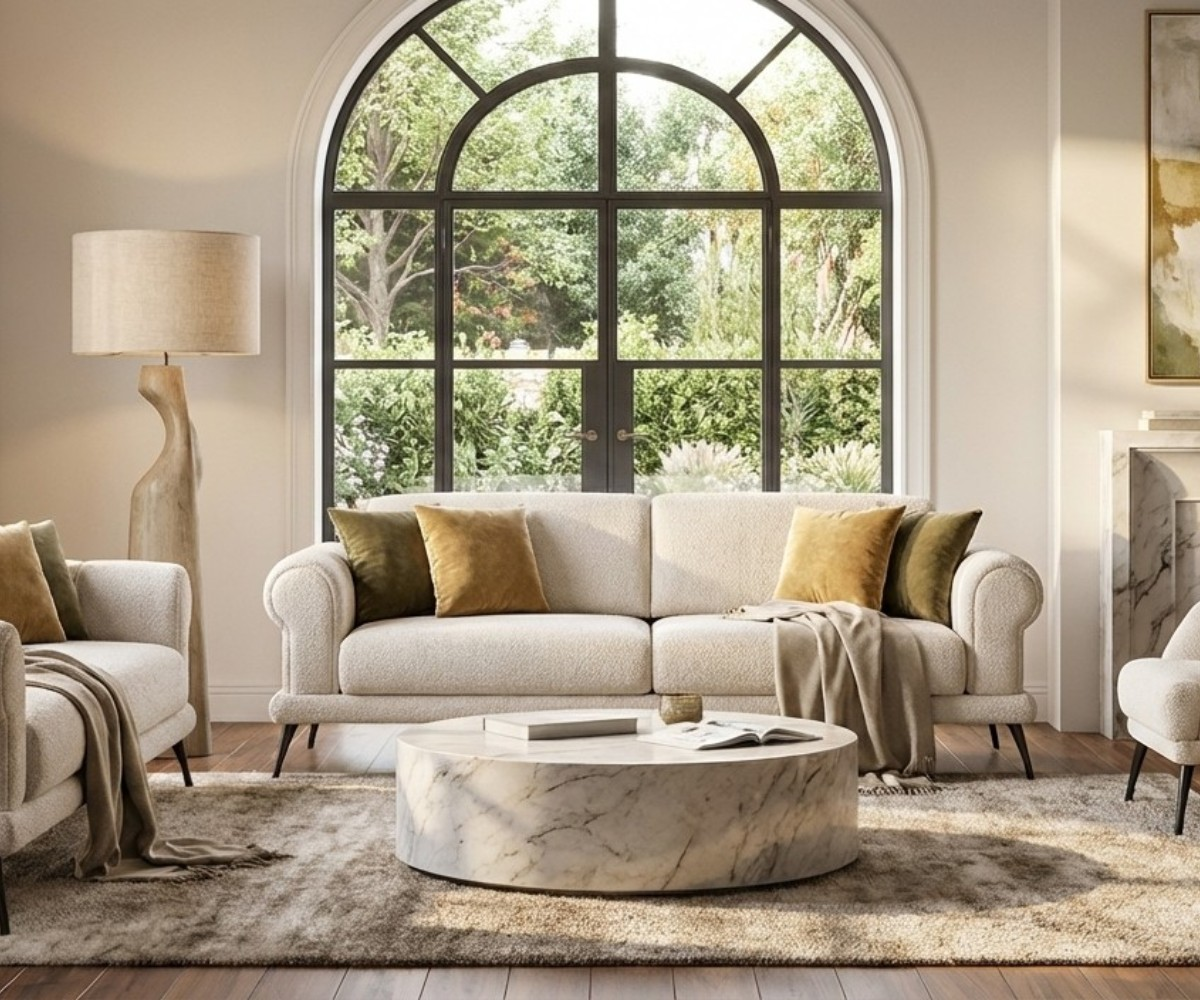 NOVA cream boucle sofa set in a bright room with an arched window