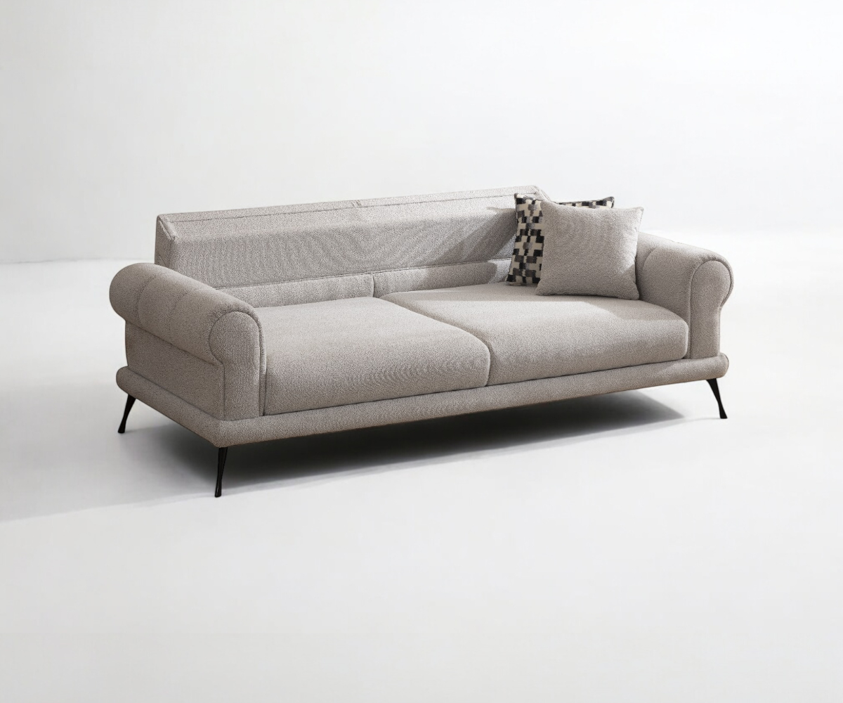 NOVA cream boucle sofa set in a bright room with an arched window