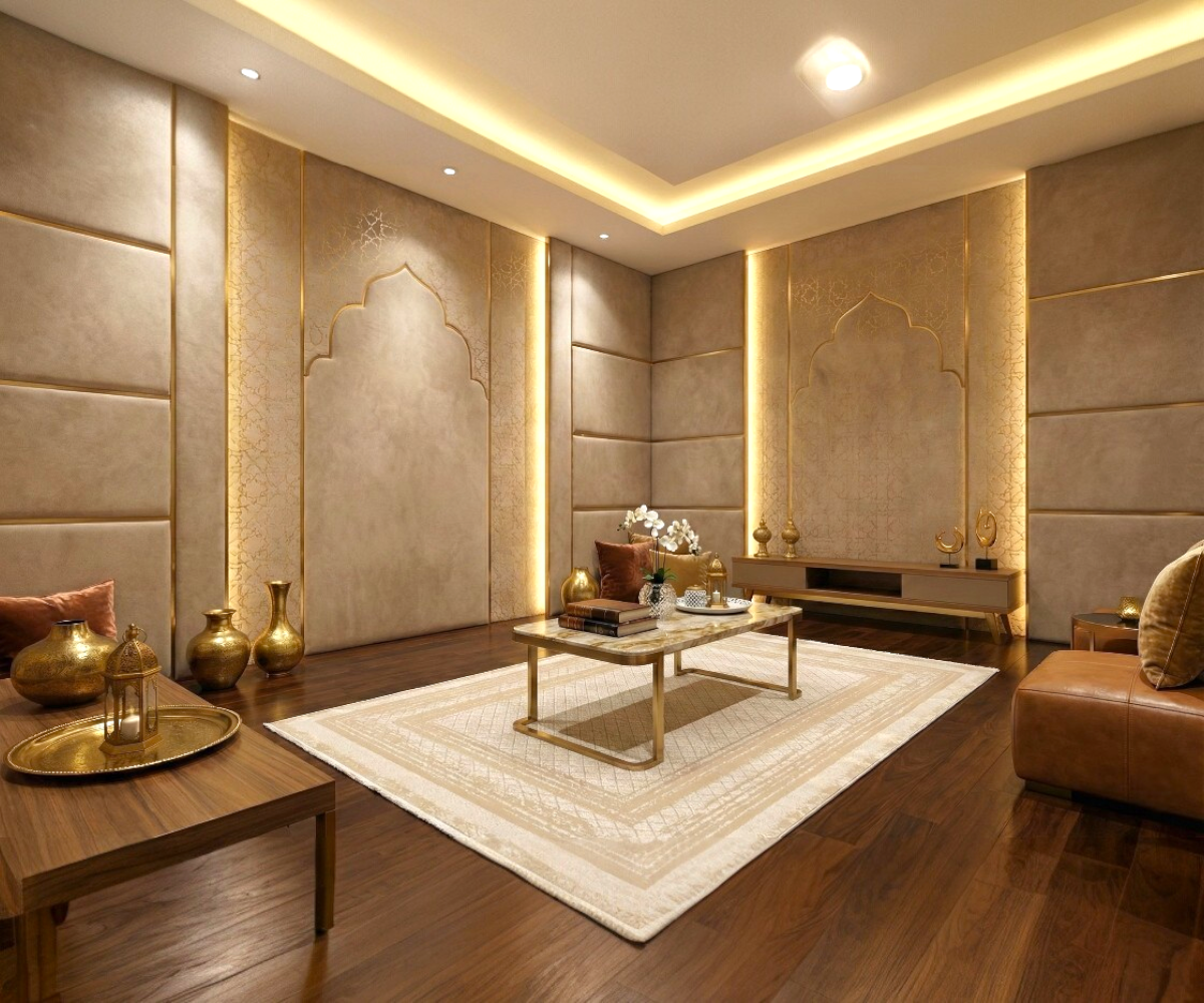 NOVELIA sand geometric rug, 150x220 cm, in a warm-lit majlis on a wood floor