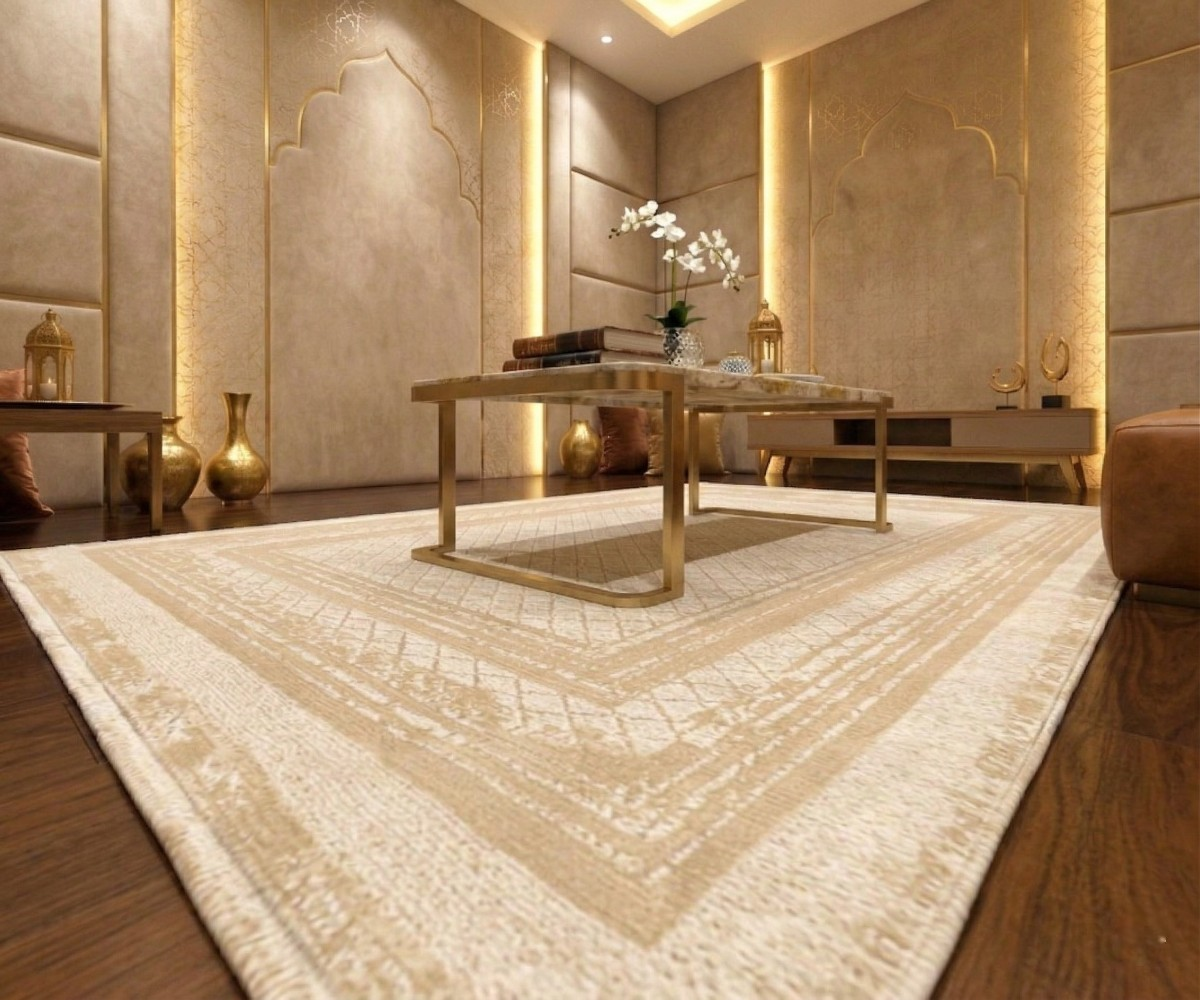 NOVELIA sand geometric rug, 150x220 cm, in a warm-lit majlis on a wood floor