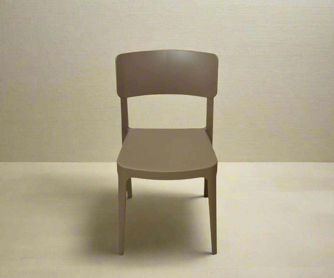 NVS-019-01 sculptural armless dining chair, front view in taupe