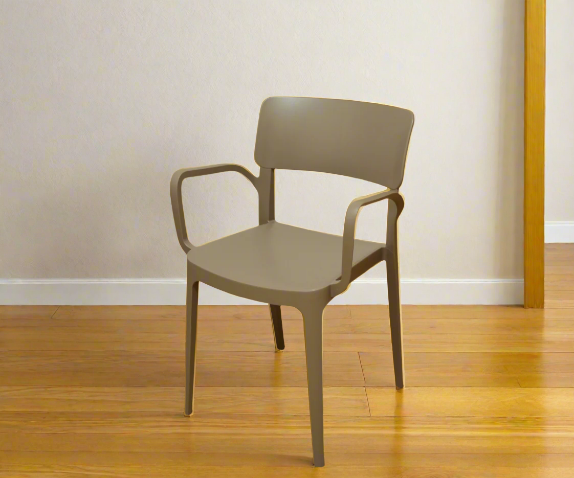 NVS-020-04 modern designer armchair in taupe, angled view on a wood floor