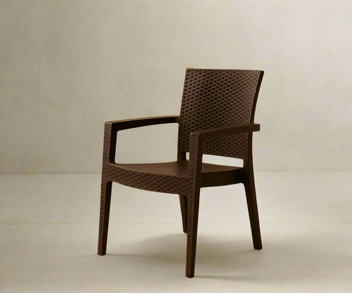 NVS-021-10 modern rattan-style armchair in brown, angled view