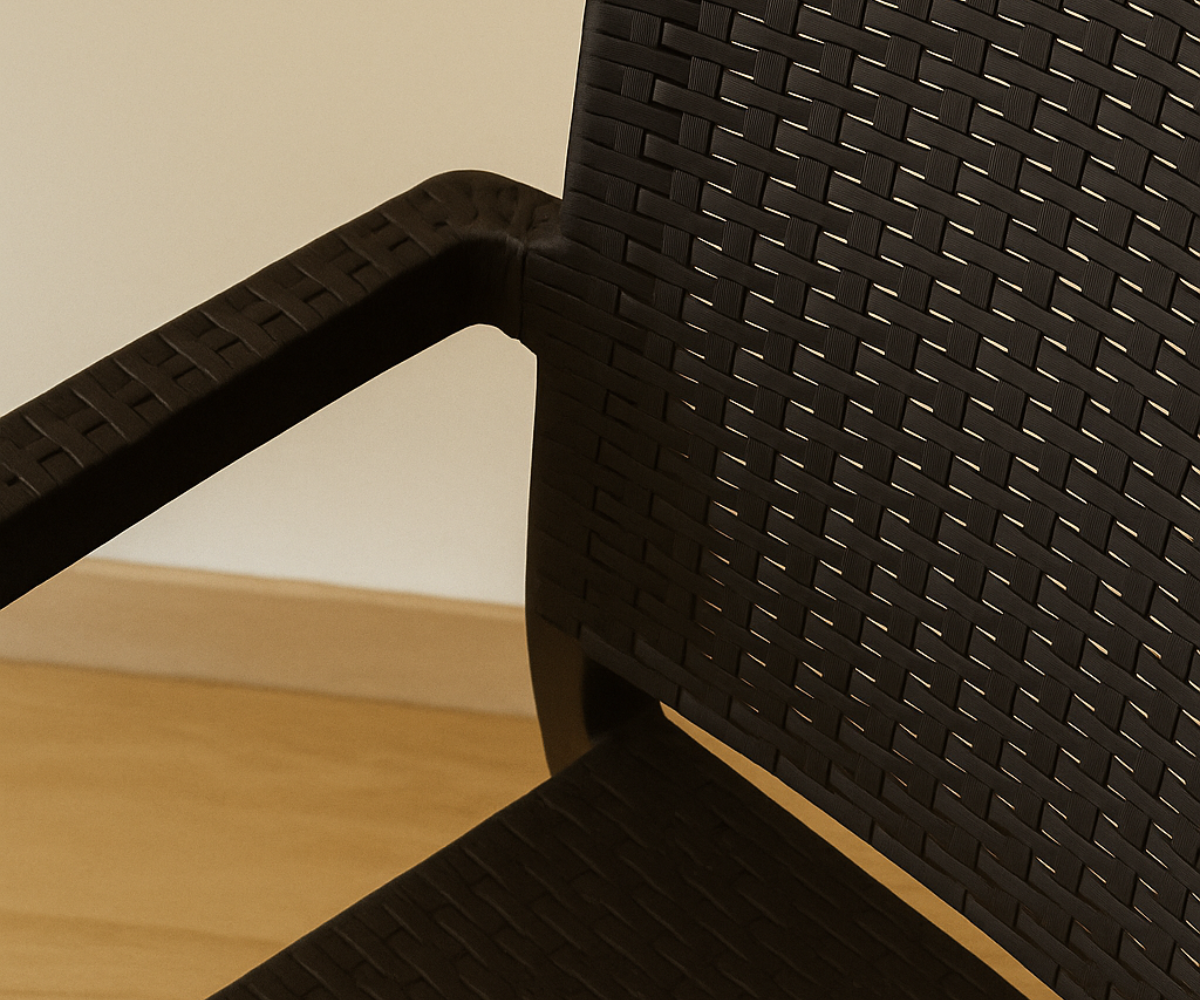 NVS-021-10 modern rattan-style armchair in brown, angled view