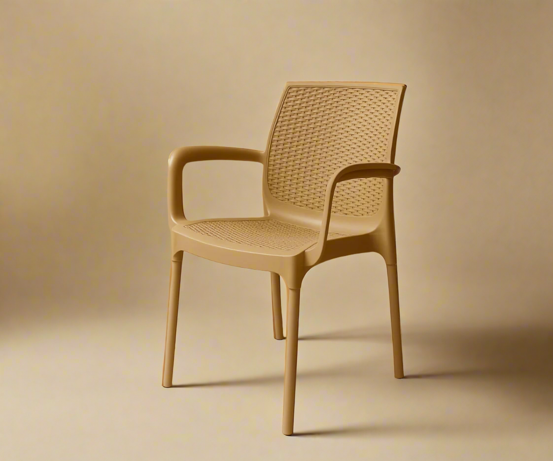 NVS-030-09 rattan-inspired modern armchair, angled view in sand