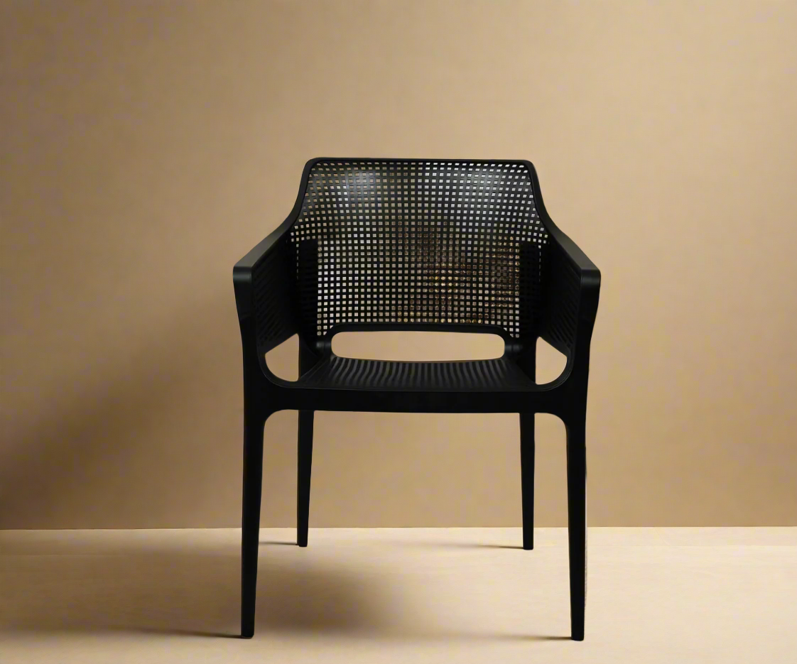 NVS-085-02 modern designer armchair in black, front view with a mesh back