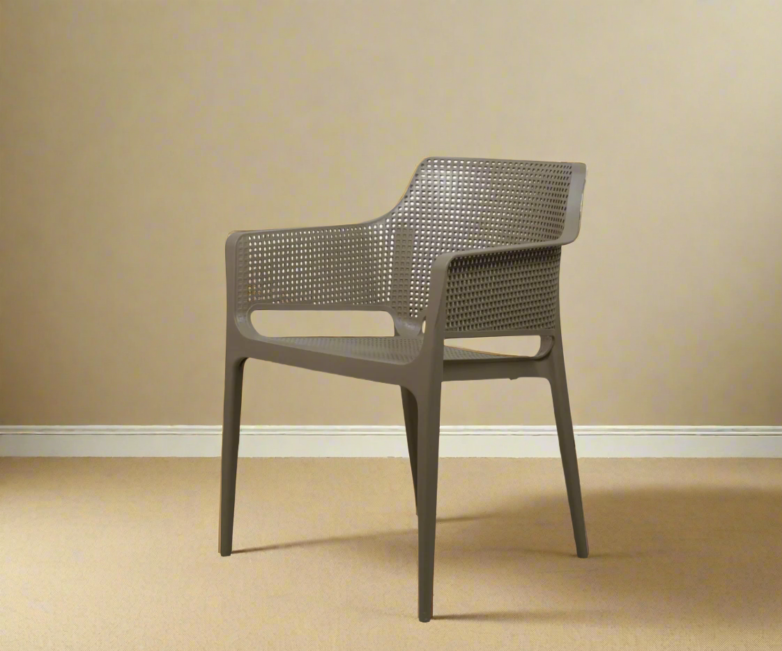 NVS-085-04 designer armchair in taupe, angled view with a mesh back