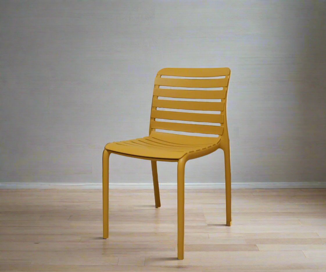 NVS-088-05 modern slatted side chair in mustard, angled view on a wood floor