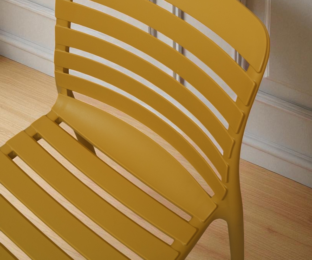 NVS-088-05 modern slatted side chair in mustard, angled view on a wood floor