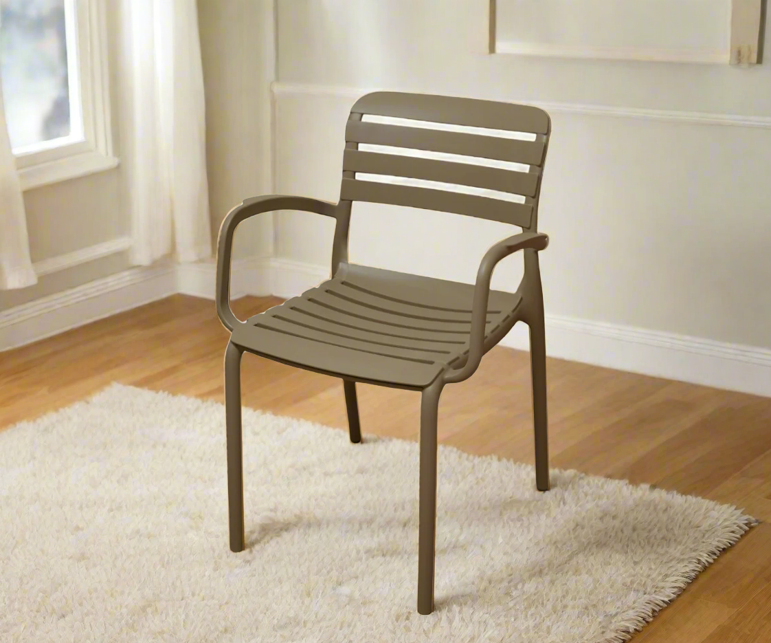 NVS-091-04 slatted all-weather armchair in taupe, angled view on a rug