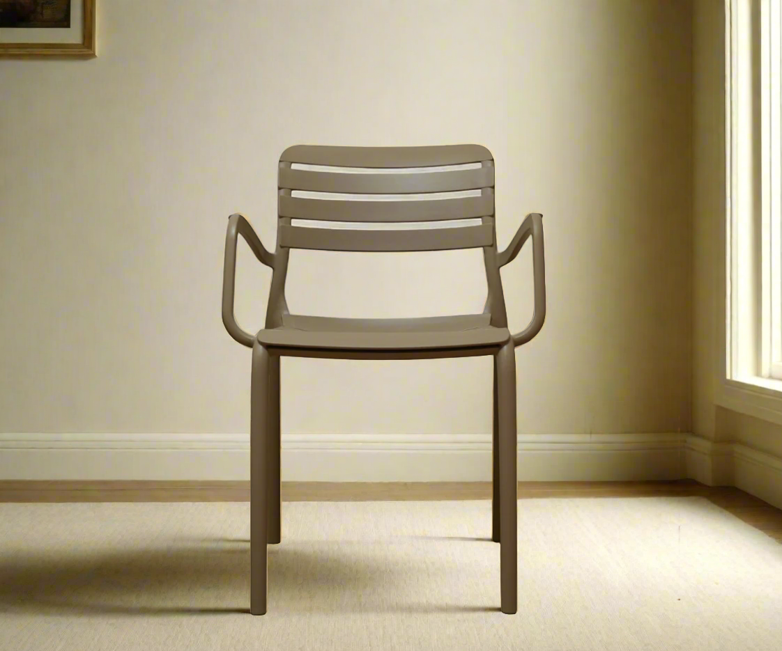 NVS-091-04 slatted all-weather armchair in taupe, angled view on a rug