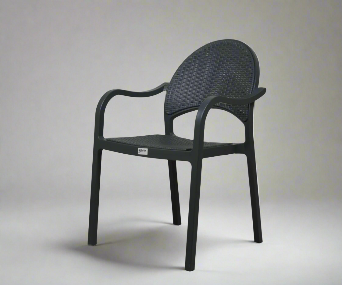 NVS-31-01 modern all-weather armchair, angled view with a rounded woven back