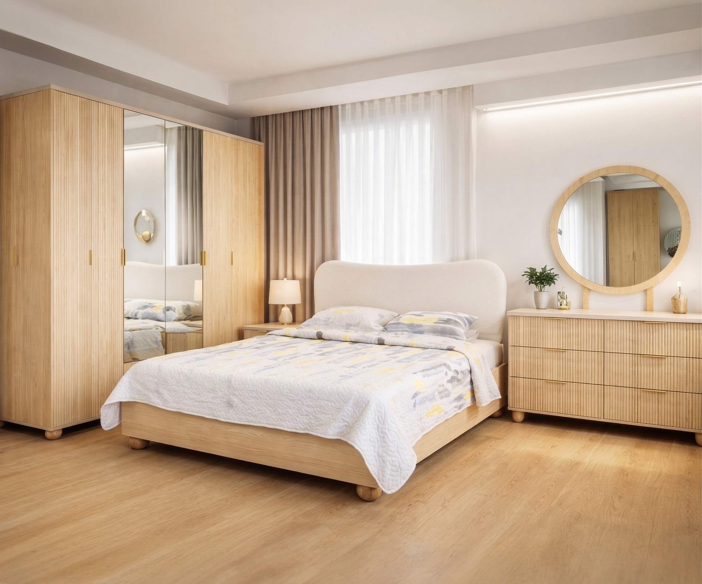 OAK HAVEN COLLECTION staged in a bright bedroom with a wardrobe and dresser