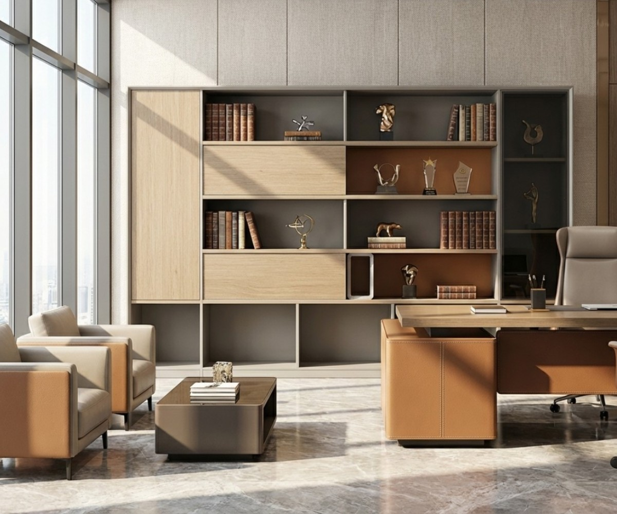 Oak office storage cabinet with open shelving in a bright boardroom